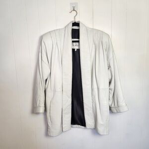 Vintage White Leather Open Jacket Coat Oversized 80s 90s Preppy Size Medium